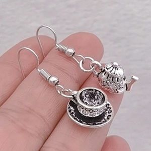 Tea Cup Drop Earrings Vintage Silver Coffee Mug